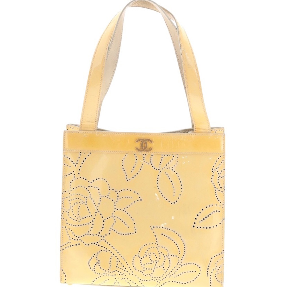 CHANEL Yellow Patent Leather Camellia Tote Bag